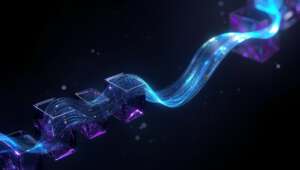 Abstrakte 3D-Visualisierung: Ein breites, cyanfarbenes Lichtband windet sich als elegante Welle durch violette Datenblöcke und verbindet sie.