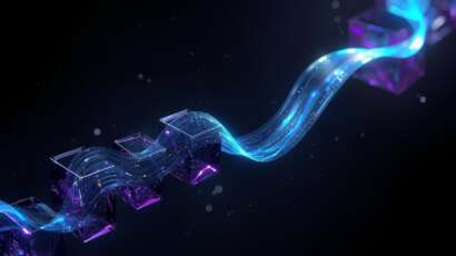 Abstrakte 3D-Visualisierung: Ein breites, cyanfarbenes Lichtband windet sich als elegante Welle durch violette Datenblöcke und verbindet sie.