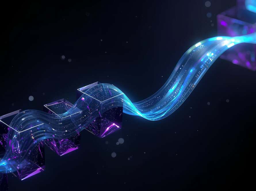 Abstrakte 3D-Visualisierung: Ein breites, cyanfarbenes Lichtband windet sich als elegante Welle durch violette Datenblöcke und verbindet sie.