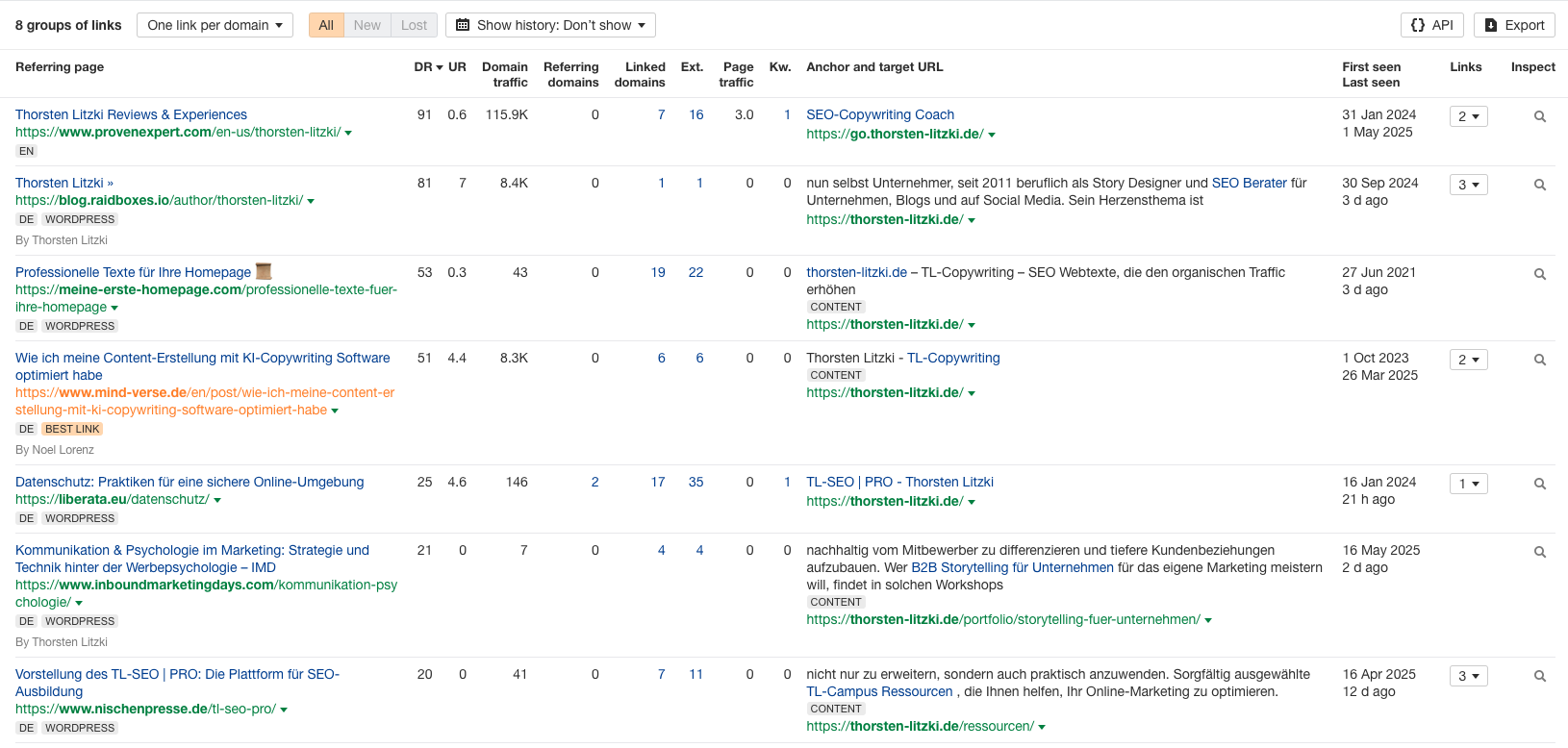 Ahrefs Screenshot der 8 wertvollsten bestehenden Backlinks zu thorsten-litzki.de, Stand 18.05.2025