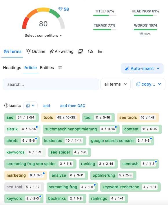 NEURON Writer - SEO Score - Übersicht Mitbewerber