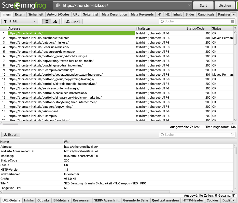 Screaming Frog SEO Spider - Interface mit Ergebnissen eines Website-Crawls