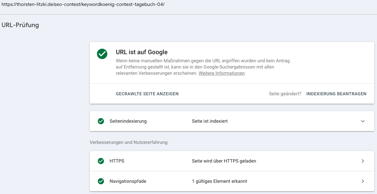 Google Search Console URL-Prüfung zeigt an, dass der Blogbeitrag 'Keywordkönig Contest Tagebuch – 04' im Index ist.