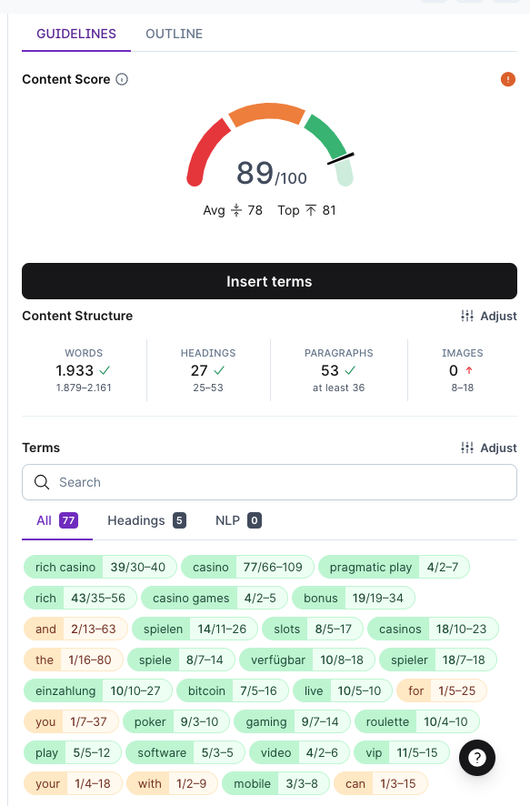 Surfer SEO Content Editor Live-Ansicht mit Optimierungsvorschlägen