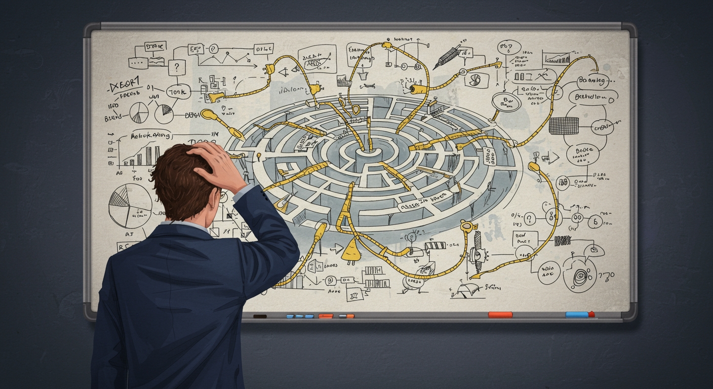 Ratloser Marketer vor einem Whiteboard - Veranschaulichung von Stagnation trotz Anstrengung.