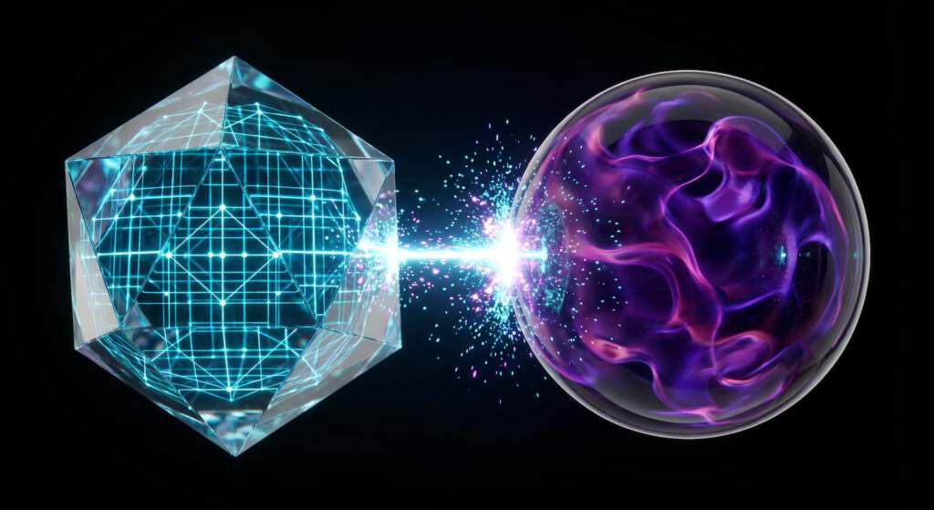 3D-Visualisierung der Marketing-Psychologie: Ein analytischer Daten-Kristall sendet einen Impuls, der beim Auftreffen auf eine emotionale Sphäre eine leuchtende Reaktion auslöst.