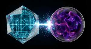 3D-Visualisierung der Marketing-Psychologie: Ein analytischer Daten-Kristall sendet einen Impuls, der beim Auftreffen auf eine emotionale Sphäre eine leuchtende Reaktion auslöst.