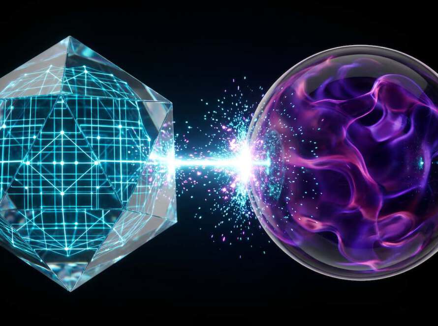 3D-Visualisierung der Marketing-Psychologie: Ein analytischer Daten-Kristall sendet einen Impuls, der beim Auftreffen auf eine emotionale Sphäre eine leuchtende Reaktion auslöst.