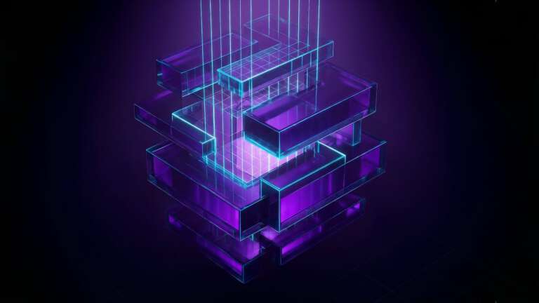 Abstrakte 3D-Visualisierung: Eine Explosionszeichnung aus tiefvioletten Glas-Ebenen, deren Struktur durch feine cyanfarbene Linien akzentuiert wird.