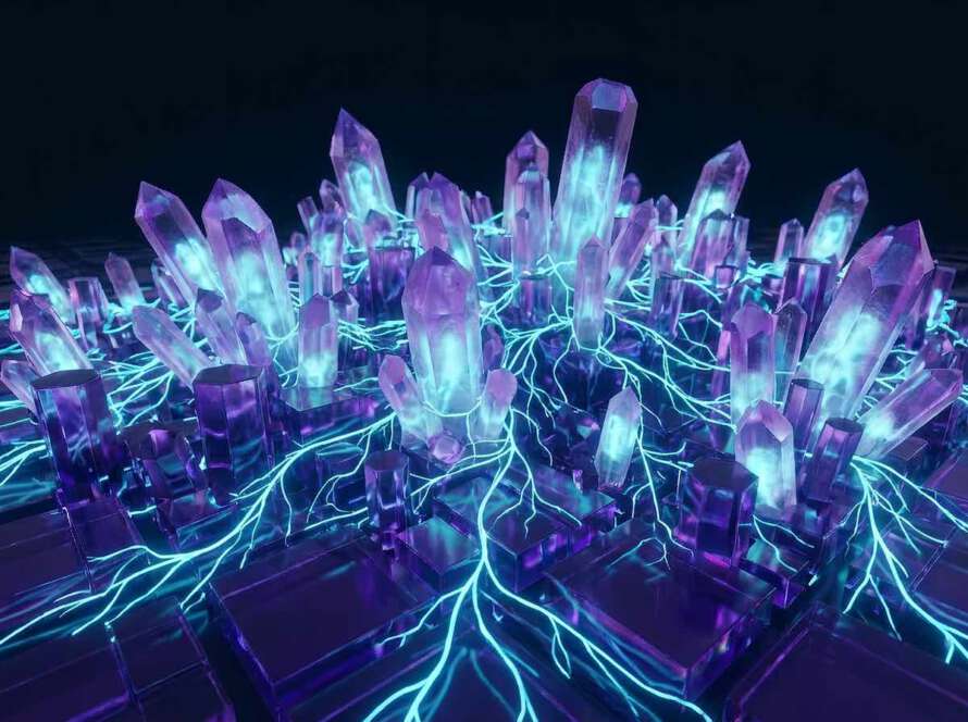 Ein Cluster aus wachsenden Deep Purple Kristallen auf einer digitalen Landschaft, verbunden durch ein organisches Geflecht aus leuchtenden Electric Cyan Energielinien. Dies visualisiert trustedblogs als lebendiges, vernetztes Ökosystem für Blogger-Relations und organische Reichweite.