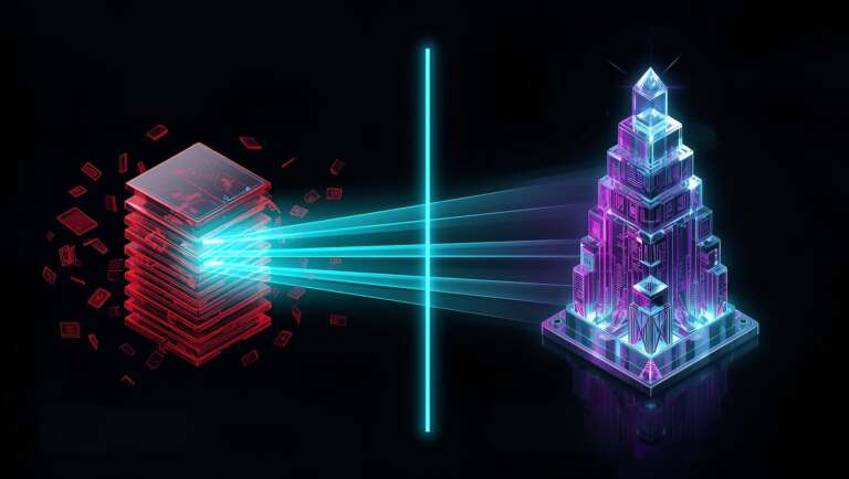 Split-Screen-Grafik visualisiert die Transformation durch ein B2B SEO Audit: Links chaotische technische Schulden in Rot, rechts strukturierte digitale Marktführerschaft als futuristische Engine in Cyan und Purple.