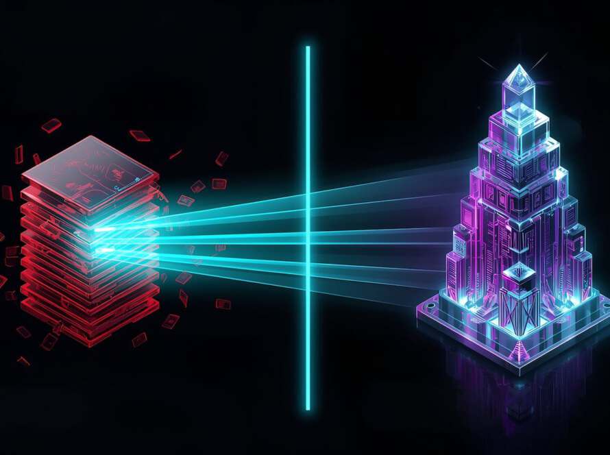 Split-Screen-Grafik visualisiert die Transformation durch ein B2B SEO Audit: Links chaotische technische Schulden in Rot, rechts strukturierte digitale Marktführerschaft als futuristische Engine in Cyan und Purple.