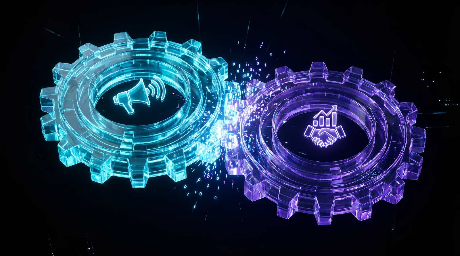 Zwei futuristische, ineinandergreifende Glas-Zahnräder in Cyan und Purple symbolisieren die präzise Abstimmung von Content-Strategie und Unternehmenszielen während einer semantischen Analyse.