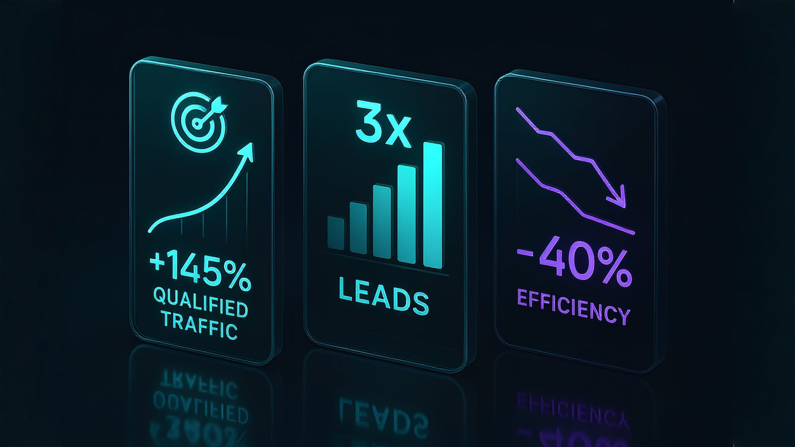 Futuristisches Glas-Dashboard visualisiert die Ergebnisse eines Strategic Growth Audits: +145% qualifizierter Traffic, 3x mehr Leads und -40% Abhängigkeit von Paid Ads.