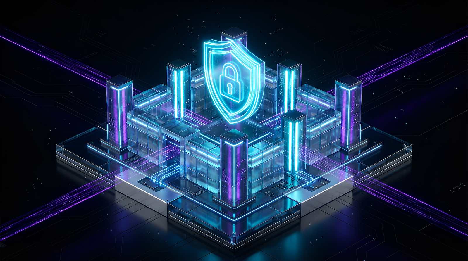 Futuristische digitale Festung aus Glas und Licht mit einem leuchtenden Schild-Hologramm in Cyan und Purple, symbolisierend für eine gehärtete Trust Architecture und technische Marktsouveränität.