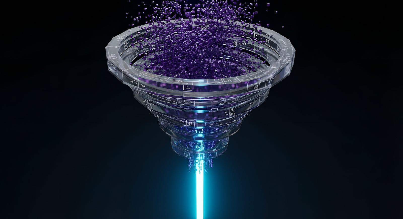 Abstrakte 3D-Darstellung eines Sales-Funnels: Unstrukturierte Daten-Partikel werden durch schwebende Glas-Ringe gefiltert und in einen präzisen Cyan-Lichtstrahl umgewandelt.
