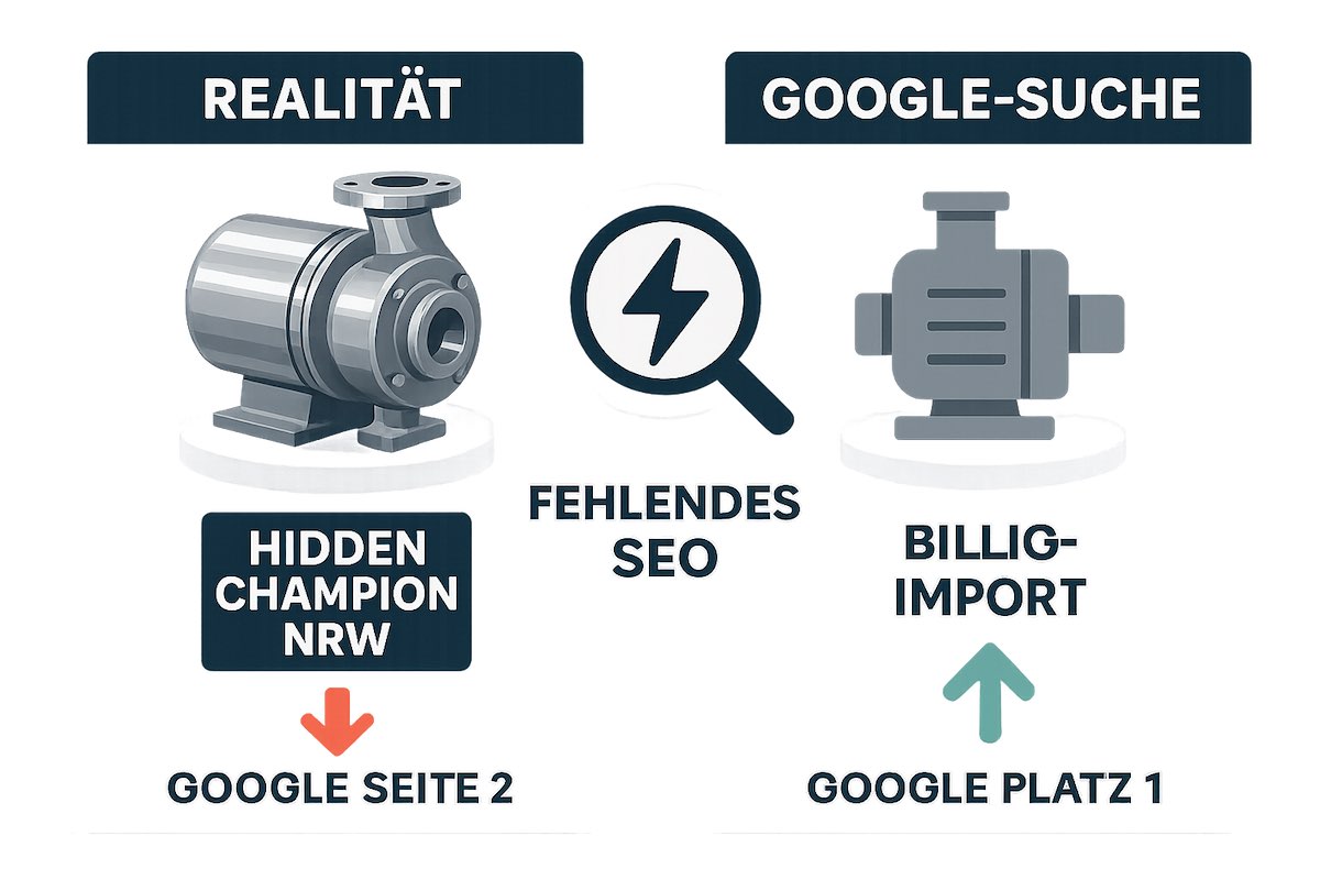 Infografik, die das Missverhältnis zwischen hoher Produktqualität eines Hidden Champions und schlechtem Google-Ranking im Vergleich zu minderwertigen Wettbewerbern darstellt.