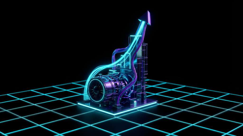 Futuristische Growth Engine visualisiert datengetriebene B2B-Wachstumsstrategien als aufsteigende Erfolgskurve im Dark Mode.