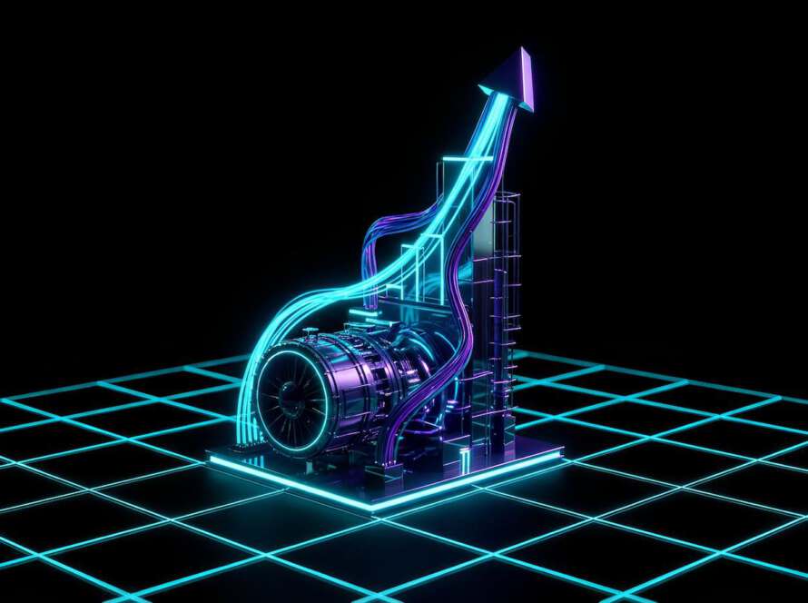 Futuristische Growth Engine visualisiert datengetriebene B2B-Wachstumsstrategien als aufsteigende Erfolgskurve im Dark Mode.