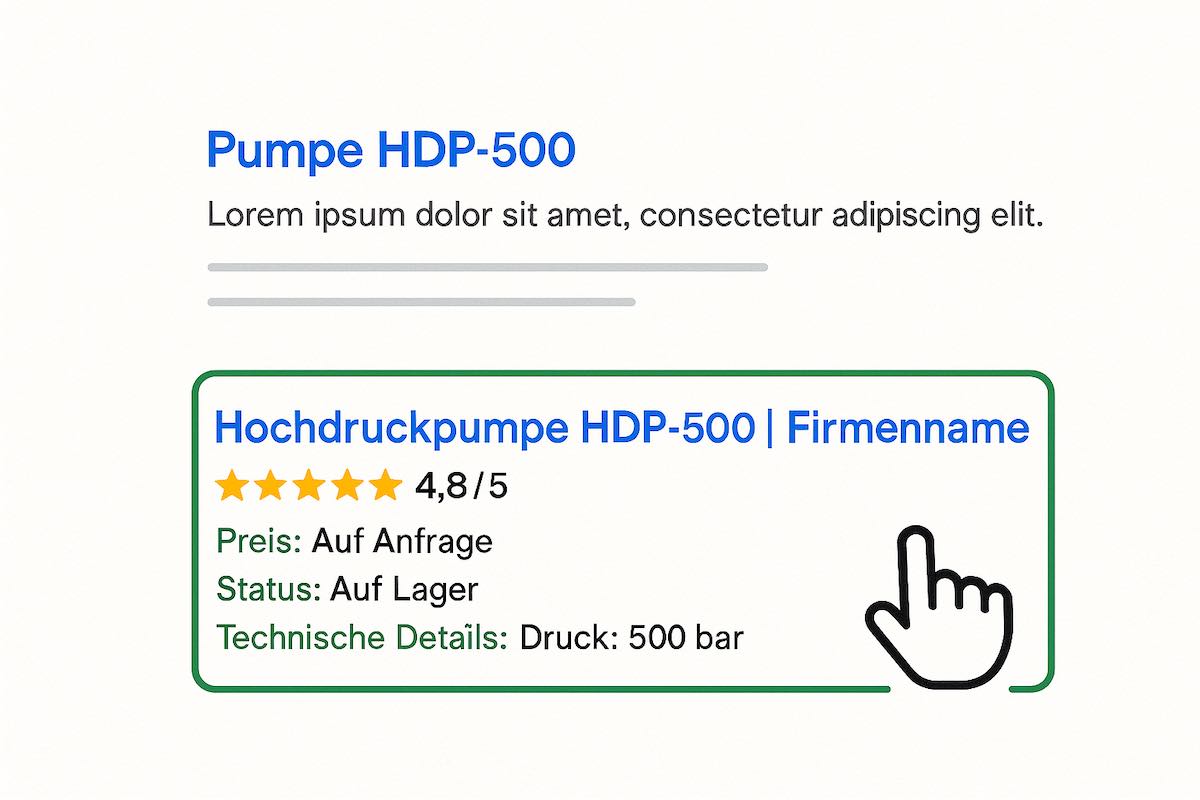 Vergleich eines Standard-Suchergebnisses mit einem optimierten Rich Snippet, das Bewertungssterne, Verfügbarkeit und technische Daten anzeigt.