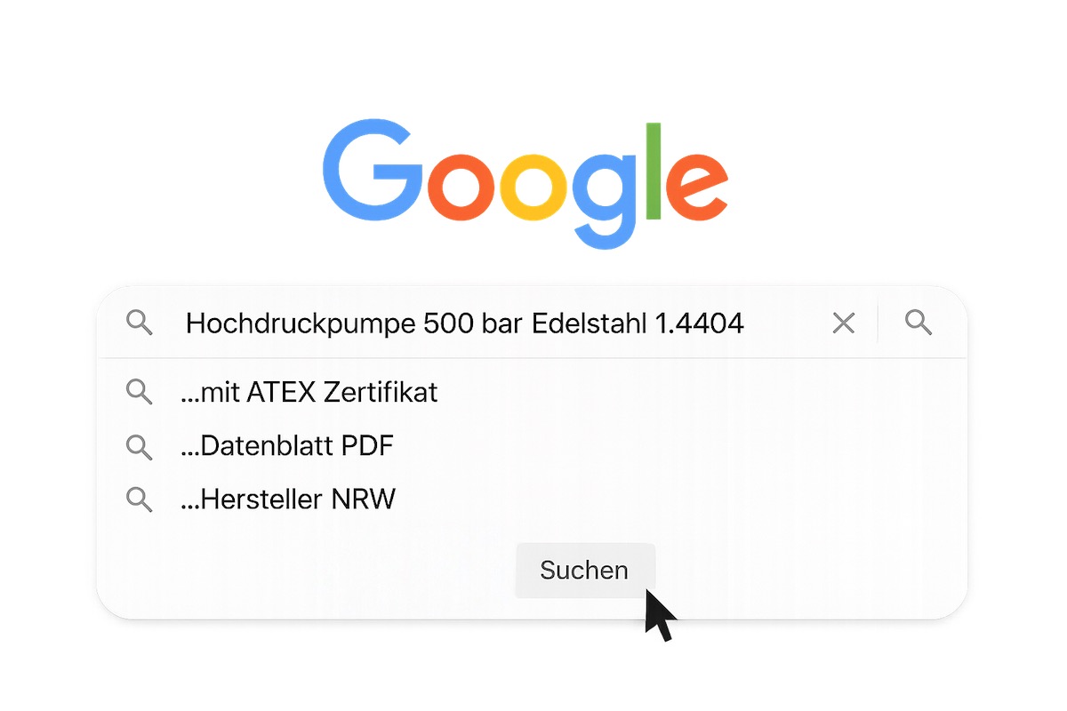 Mockup einer Google-Suchleiste mit der spezifischen Eingabe 'Hochdruckpumpe 500 bar Edelstahl', um das Suchverhalten von Ingenieuren zu visualisieren.