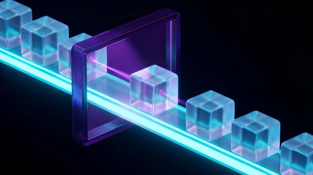 Abstrakte 3D-Visualisierung einer nachhaltigen Lieferkette: Glas-Container gleiten auf einem leuchtenden Cyan-Energiestrom, der Effizienz in der Green Logistics symbolisiert.