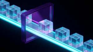 Abstrakte 3D-Visualisierung einer nachhaltigen Lieferkette: Glas-Container gleiten auf einem leuchtenden Cyan-Energiestrom, der Effizienz in der Green Logistics symbolisiert.