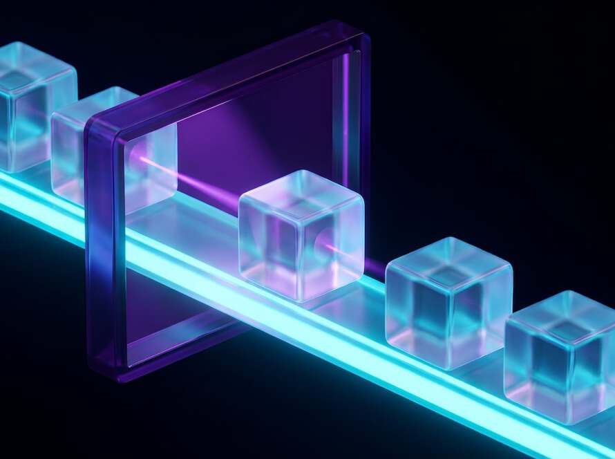 Abstrakte 3D-Visualisierung einer nachhaltigen Lieferkette: Glas-Container gleiten auf einem leuchtenden Cyan-Energiestrom, der Effizienz in der Green Logistics symbolisiert.