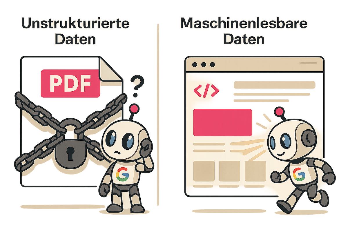 Illustration eines Google-Bots, der an einem verschlüsselten PDF scheitert, während er HTML-Daten problemlos lesen kann, um den Nachteil von PDF-Katalogen zu zeigen.