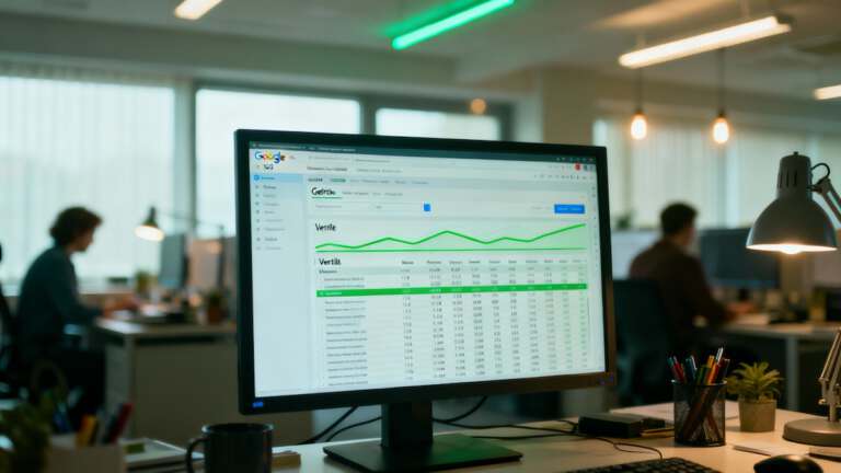 Monitoransicht eines professionellen SEO-Dashboards mit steigenden Graphen und Keyword-Analysen zur Veranschaulichung datenbasierter B2B-Entscheidungen.