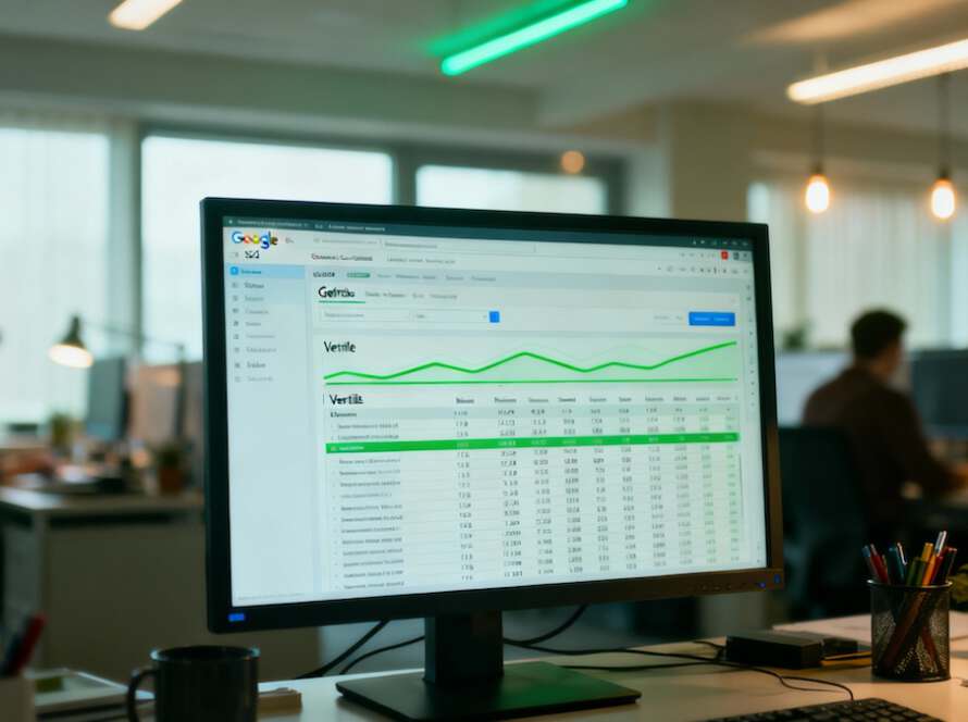 Monitoransicht eines professionellen SEO-Dashboards mit steigenden Graphen und Keyword-Analysen zur Veranschaulichung datenbasierter B2B-Entscheidungen.