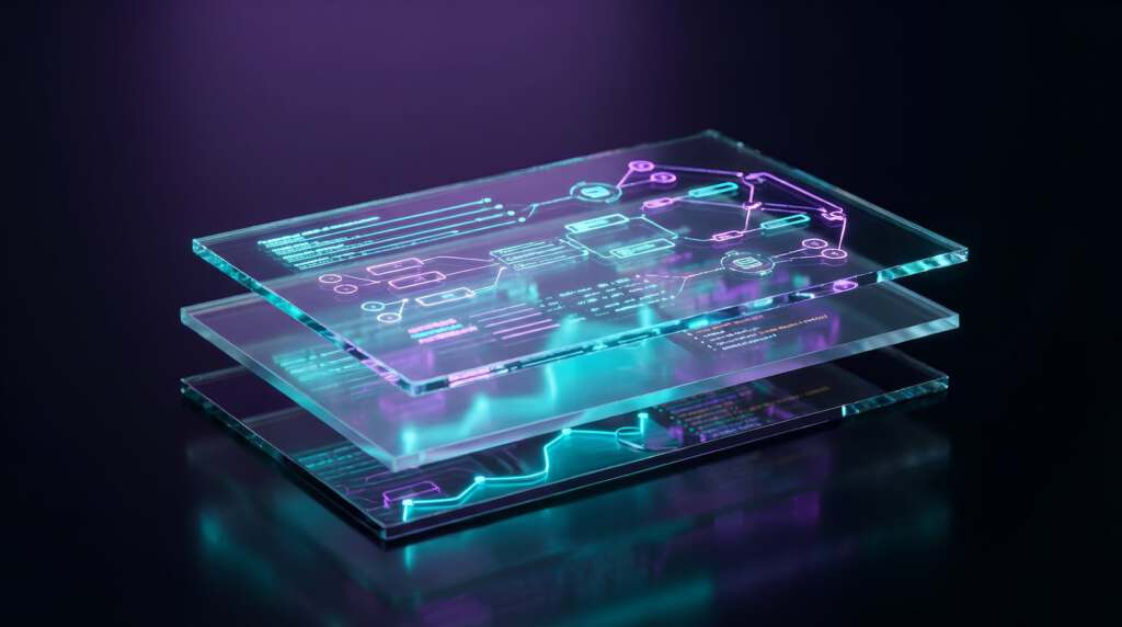 Futuristische 3D-Visualisierung von Technical SEO Datenstrukturen als schwebende High-Tech Glas-Ebenen in Cyan und Purple, die die saubere Architektur von strukturierten Daten symbolisieren.