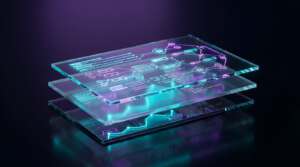 Futuristische 3D-Visualisierung von Technical SEO Datenstrukturen als schwebende High-Tech Glas-Ebenen in Cyan und Purple, die die saubere Architektur von strukturierten Daten symbolisieren.