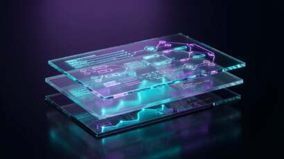 Futuristische 3D-Visualisierung von Technical SEO Datenstrukturen als schwebende High-Tech Glas-Ebenen in Cyan und Purple, die die saubere Architektur von strukturierten Daten symbolisieren.