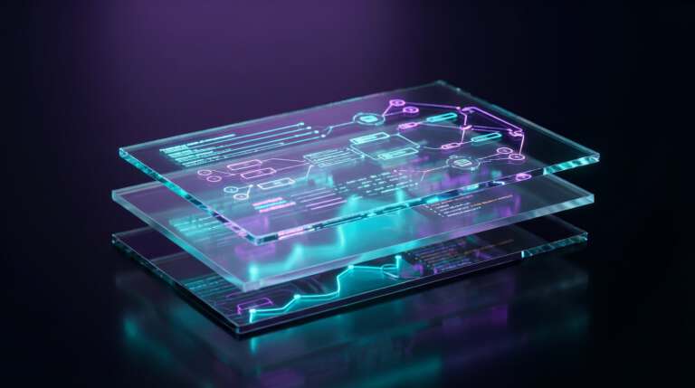 Futuristische 3D-Visualisierung von Technical SEO Datenstrukturen als schwebende High-Tech Glas-Ebenen in Cyan und Purple, die die saubere Architektur von strukturierten Daten symbolisieren.