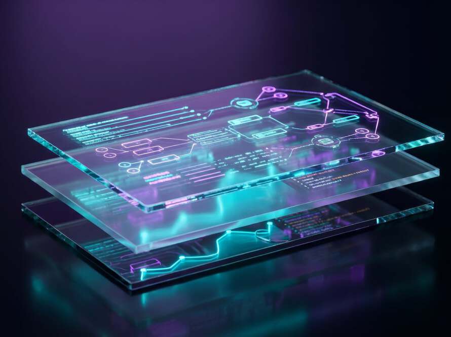 Futuristische 3D-Visualisierung von Technical SEO Datenstrukturen als schwebende High-Tech Glas-Ebenen in Cyan und Purple, die die saubere Architektur von strukturierten Daten symbolisieren.