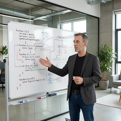 Thorsten Litzki, B2B Growth Architect, visualisiert komplexe Systemarchitekturen und Skalierungs-Prozesse für B2B-Unternehmen an einem Whiteboard.