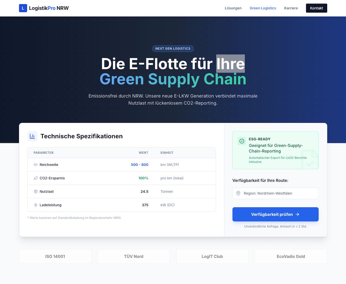 Wireframe einer optimierten Landingpage für E-LKWs, die technische Daten wie CO2-Ersparnis und Nutzlast übersichtlich darstellt.