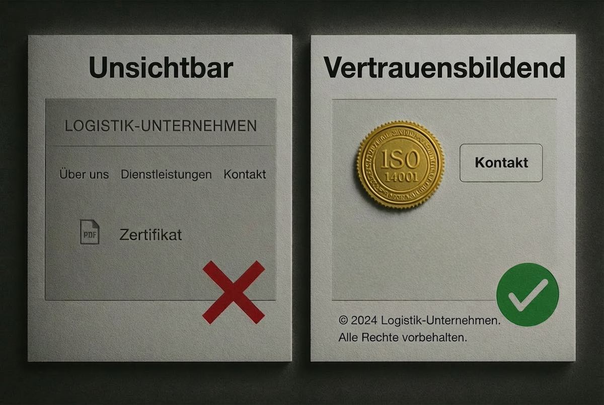Vergleichsgrafik zur Platzierung von Zertifikaten: Links falsch im Footer versteckt, rechts korrekt als Trust-Element neben dem Kontaktformular platziert.