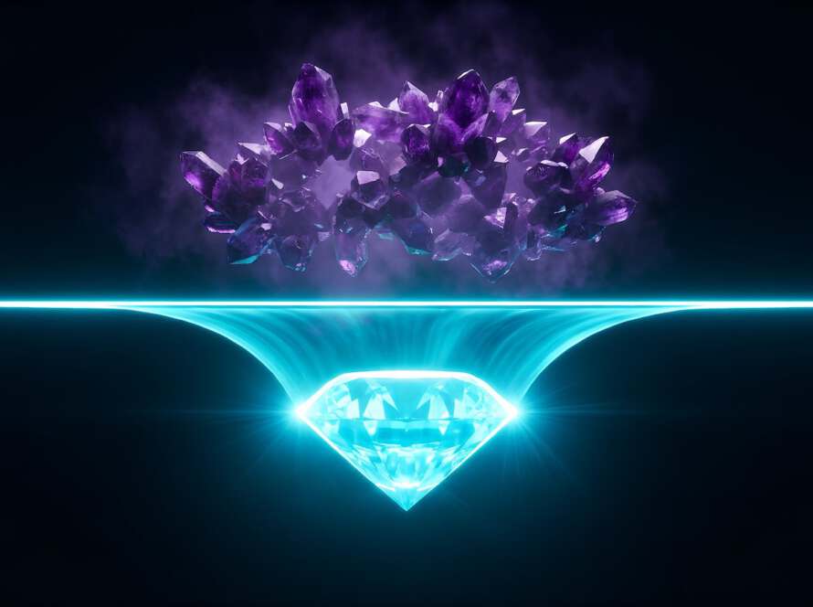 3D-Darstellung einer gläsernen Waage, auf der ein einzelner leuchtender Cyan-Diamant (Authority Asset) schwerer wiegt als ein Haufen grauer Steine (Traffic Volumen), was die Überlegenheit von Traffic Solvenz gegenüber reinem Volumen visualisiert.