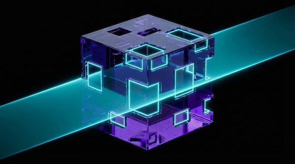 Abstrakte 3D-Visualisierung der Authority Engineering Phase 1: Ein violetter Glas-Kubus mit fehlenden Segmenten, in denen ein cyanfarbener Scanner das Potenzial als Drahtgitter-Modell sichtbar macht.