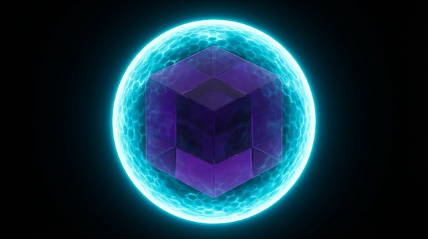 Abstrakte 3D-Visualisierung der Authority Engineering Phase 3: Ein massiver violetter Autoritäts-Kubus wird von einem cyanfarbenen, hexagonalen Schutzschild-Gitter (Power-Grid) sicher umschlossen.