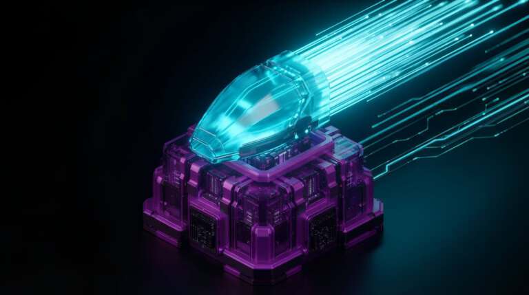 Abstrakte 3D-Visualisierung für B2B Interim Management: Ein massiver violetter Unternehmens-Block wird von einem cyanfarbenen Hochleistungs-Triebwerk horizontal beschleunigt, was strategische Exekution symbolisiert.