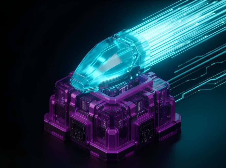 Abstrakte 3D-Visualisierung für B2B Interim Management: Ein massiver violetter Unternehmens-Block wird von einem cyanfarbenen Hochleistungs-Triebwerk horizontal beschleunigt, was strategische Exekution symbolisiert.