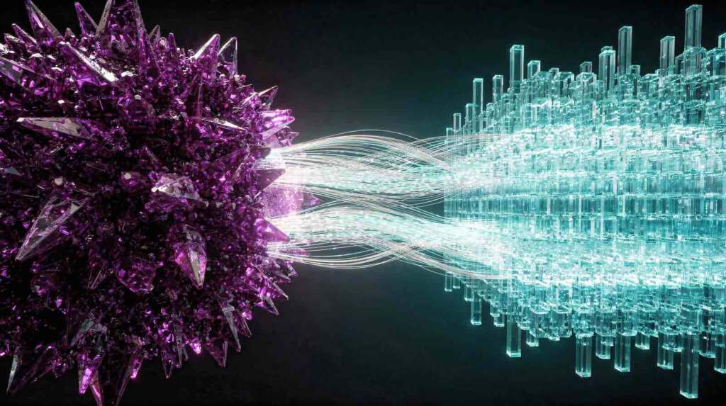 Abstrakte 3D-Visualisierung für Deep Tech Storytelling: Eine leuchtende Daten-Brücke verbindet einen komplexen violetten Tech-Cluster mit einem strukturierten cyanfarbenen Markt aus Glas-Monolithen.