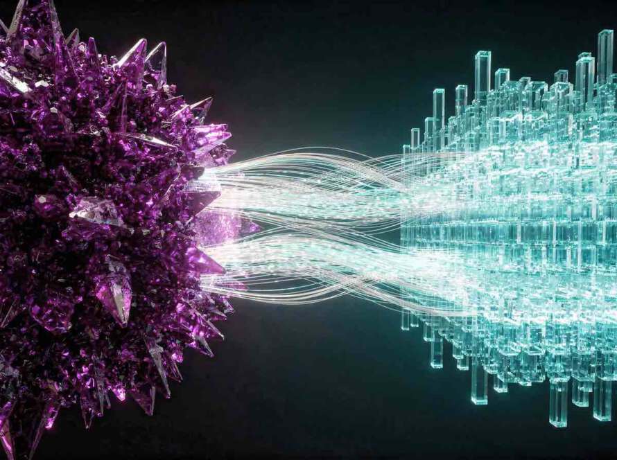 Abstrakte 3D-Visualisierung für Deep Tech Storytelling: Eine leuchtende Daten-Brücke verbindet einen komplexen violetten Tech-Cluster mit einem strukturierten cyanfarbenen Markt aus Glas-Monolithen.