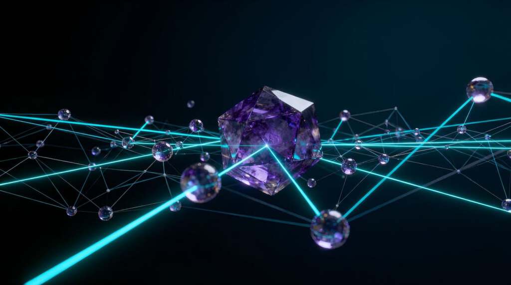 Ein zentraler, facettierter Deep Purple Kristall, der als Knotenpunkt in einem weiten Netzwerk aus langen, präzisen Electric Cyan Laserstrahlen schwebt. Visualisiert die Reichweite und Vernetzung einer Marken-Entität im Google Knowledge Graph.