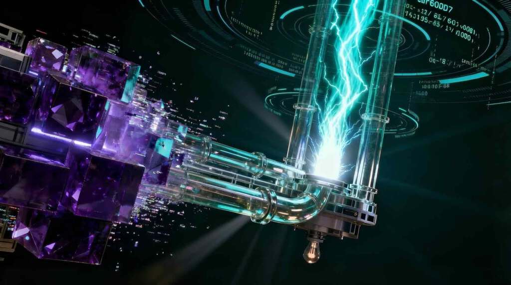 Futuristische 3D-Glas-Visualisierung der Growth Engine: Linke Seite zeigt schwere, violette Datenblöcke (Churn), rechte Seite zeigt dynamischen, cyanfarbenen Energiefluss (Expansion) in einem Dark-Void-HUD Interface. Grafik zur Entwicklung der Net Dollar Retention für nachhaltiges SaaS Wachstum