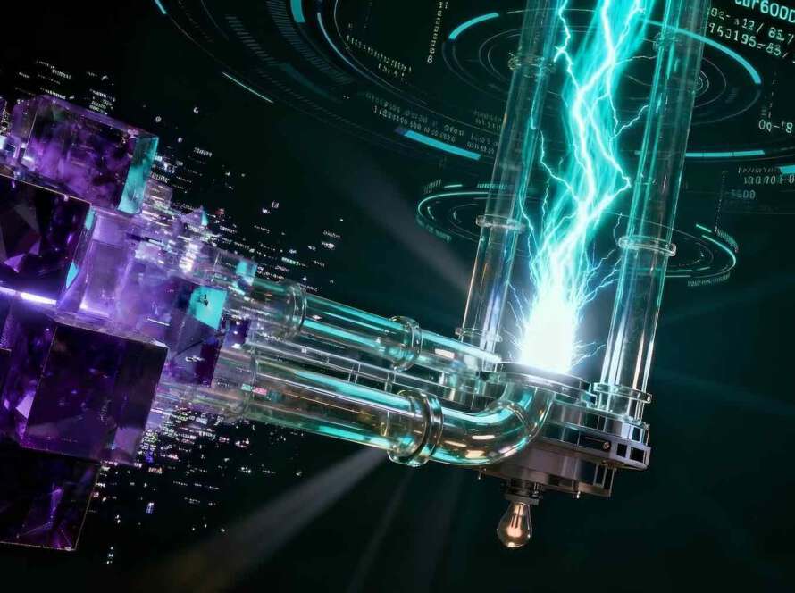 Futuristische 3D-Glas-Visualisierung der Growth Engine: Linke Seite zeigt schwere, violette Datenblöcke (Churn), rechte Seite zeigt dynamischen, cyanfarbenen Energiefluss (Expansion) in einem Dark-Void-HUD Interface. Grafik zur Entwicklung der Net Dollar Retention für nachhaltiges SaaS Wachstum