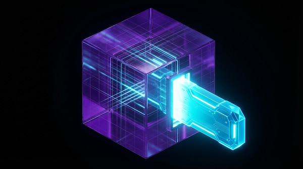 Abstrakte 3D-Visualisierung für Interim Management Phase 1: Ein komplexes, cyanfarbenes Daten-Modul integriert sich in einen violetten Unternehmens-Kubus und symbolisiert die nahtlose Integration.